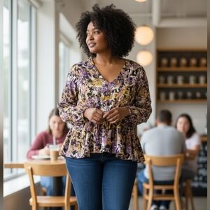 RACHEL Rachel Roy | Abstract Floral V-Neck Peplum Top